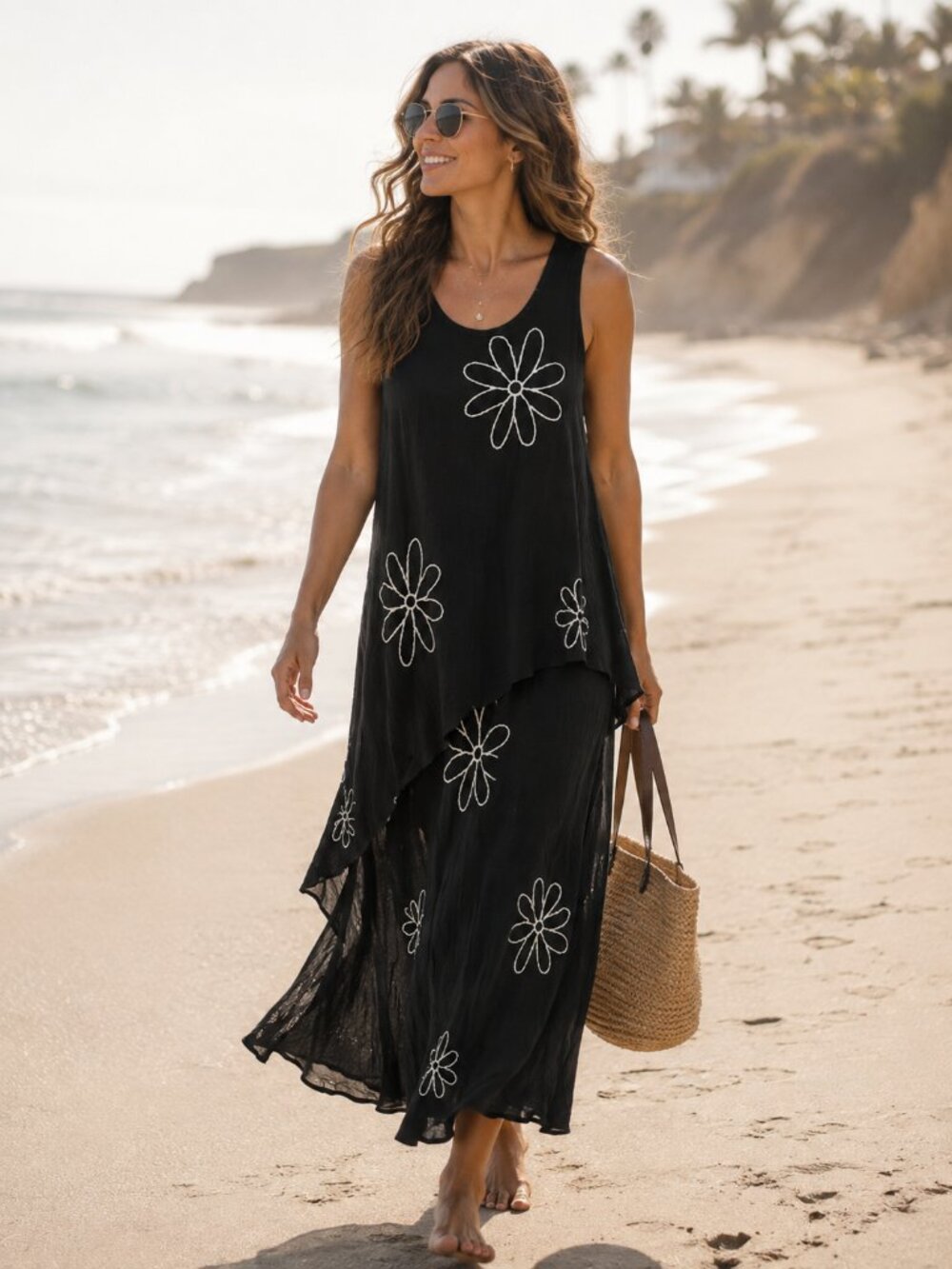 Chandi Collection Black Rayon Sleeveless Dress White Daisy Floral Print Size Lar